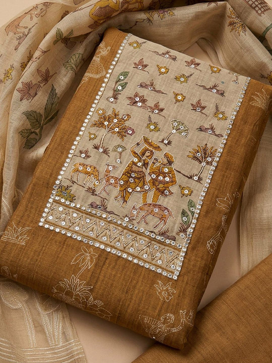 Mustard Chanderi Embroidered Unstitched Dress Material