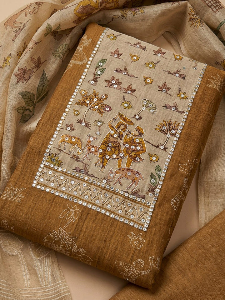 Mustard Chanderi Embroidered Unstitched Dress Material