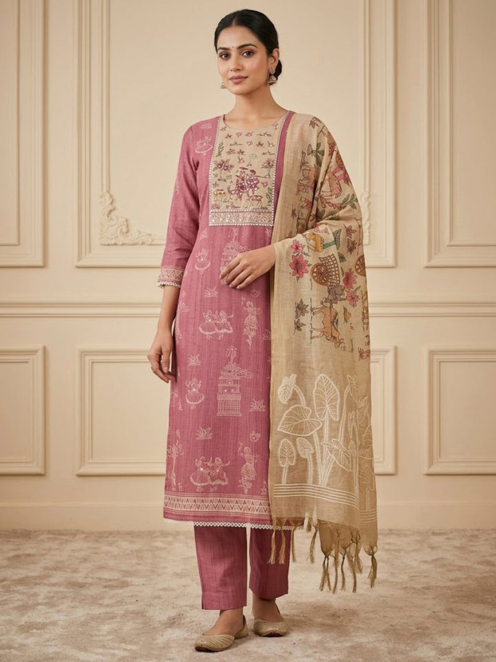 Onion Pink Chanderi Embroidered Unstitched Dress Material