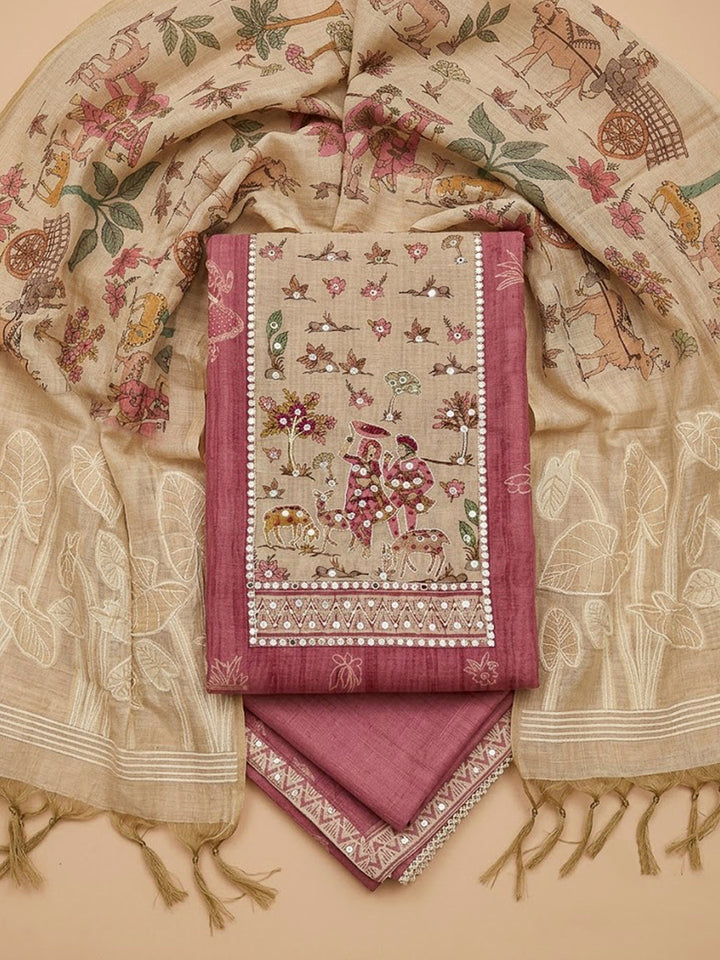 Onion Pink Chanderi Embroidered Unstitched Dress Material