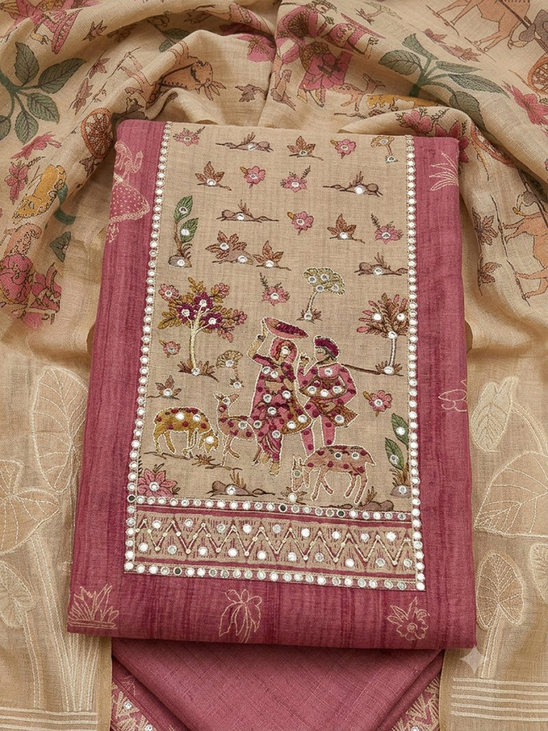 Onion Pink Chanderi Embroidered Unstitched Dress Material