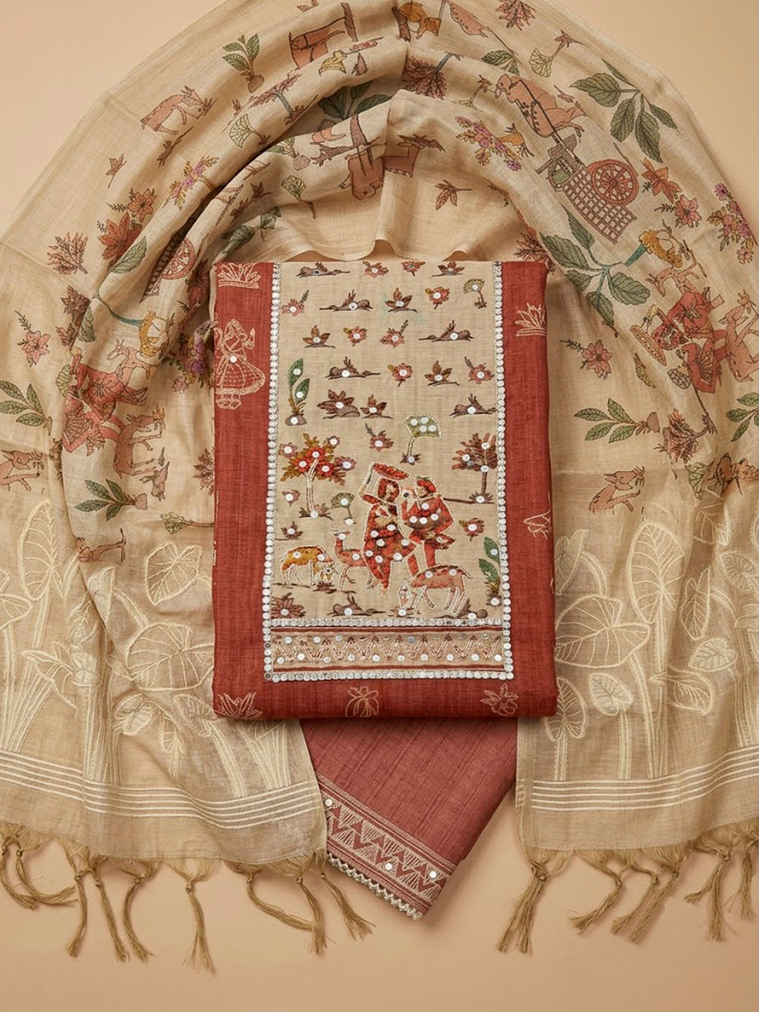 Rust Chanderi Embroidered Unstitched Dress Material