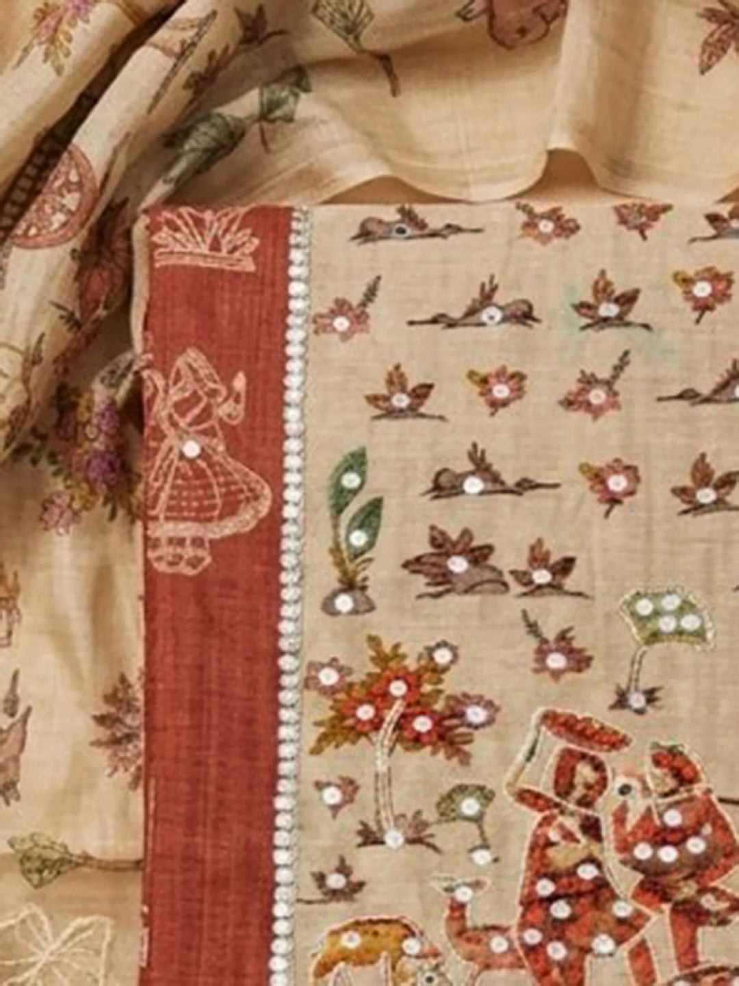 Rust Chanderi Embroidered Unstitched Dress Material