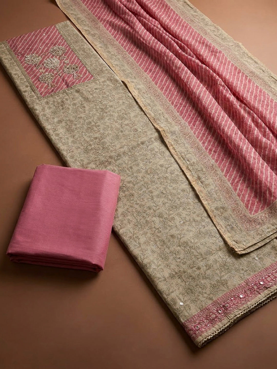 Onion Pink Chanderi Printed Unstitched Dress Material