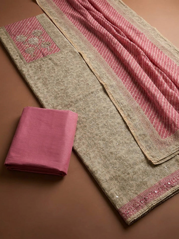 Onion Pink Chanderi Printed Unstitched Dress Material