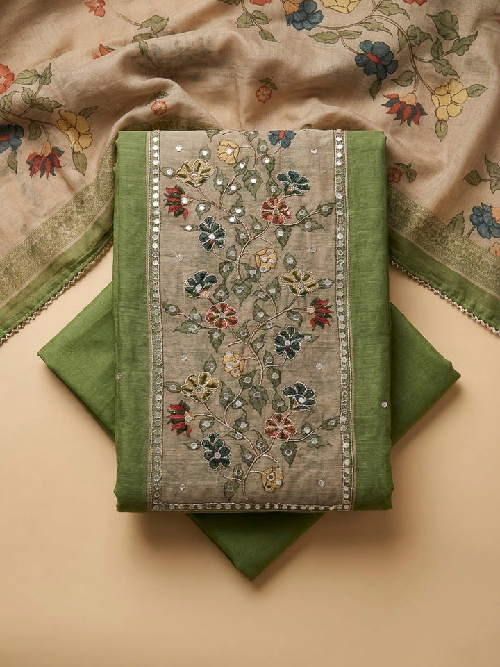 Mehndi Chanderi Printed Unstitched Dress Material
