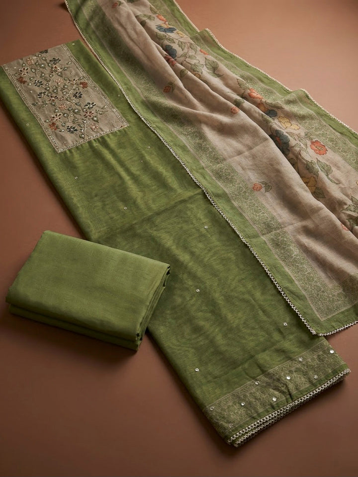 Mehndi Chanderi Printed Unstitched Dress Material