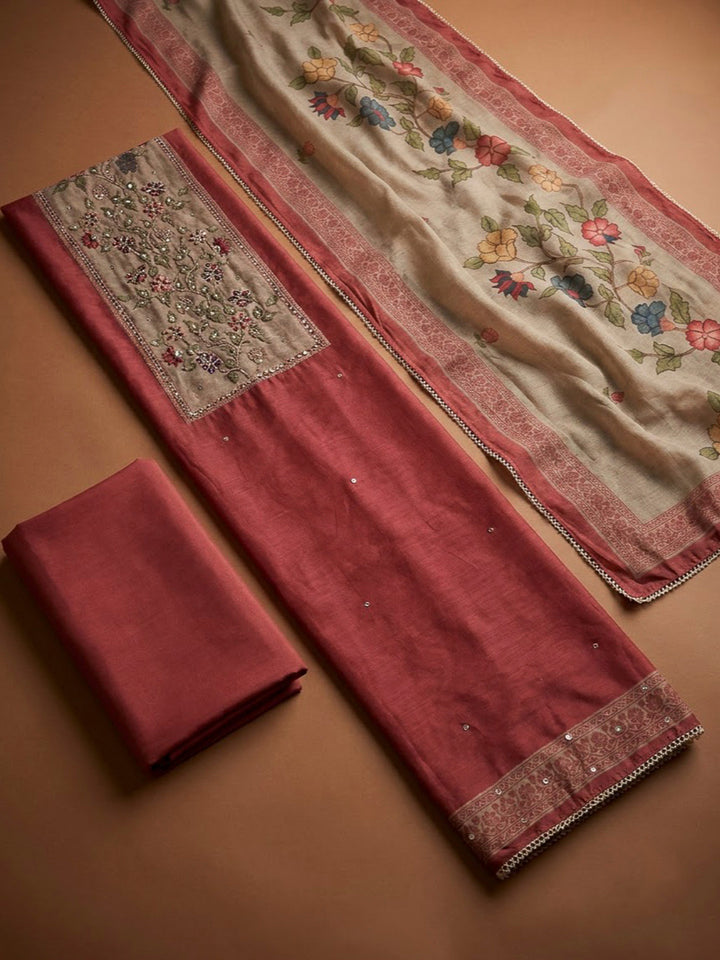 Onion Pink Chanderi Printed Unstitched Dress Material