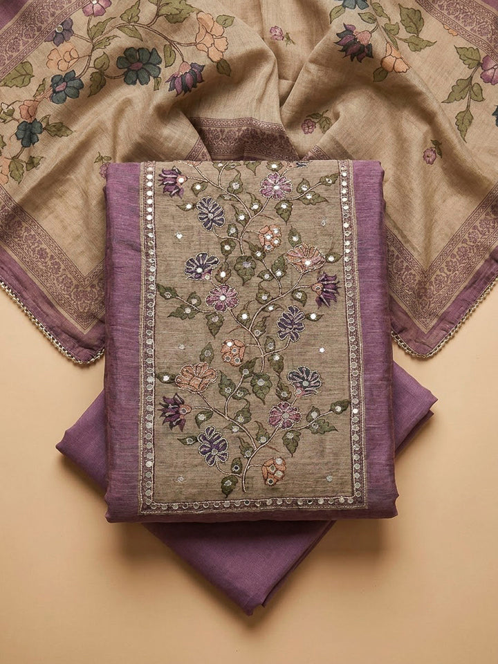 Purple Chanderi Printed Unstitched Dress Material