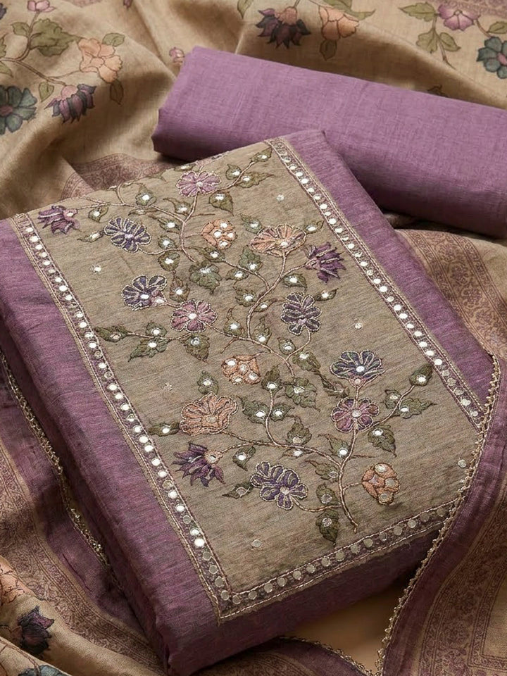 Purple Chanderi Printed Unstitched Dress Material
