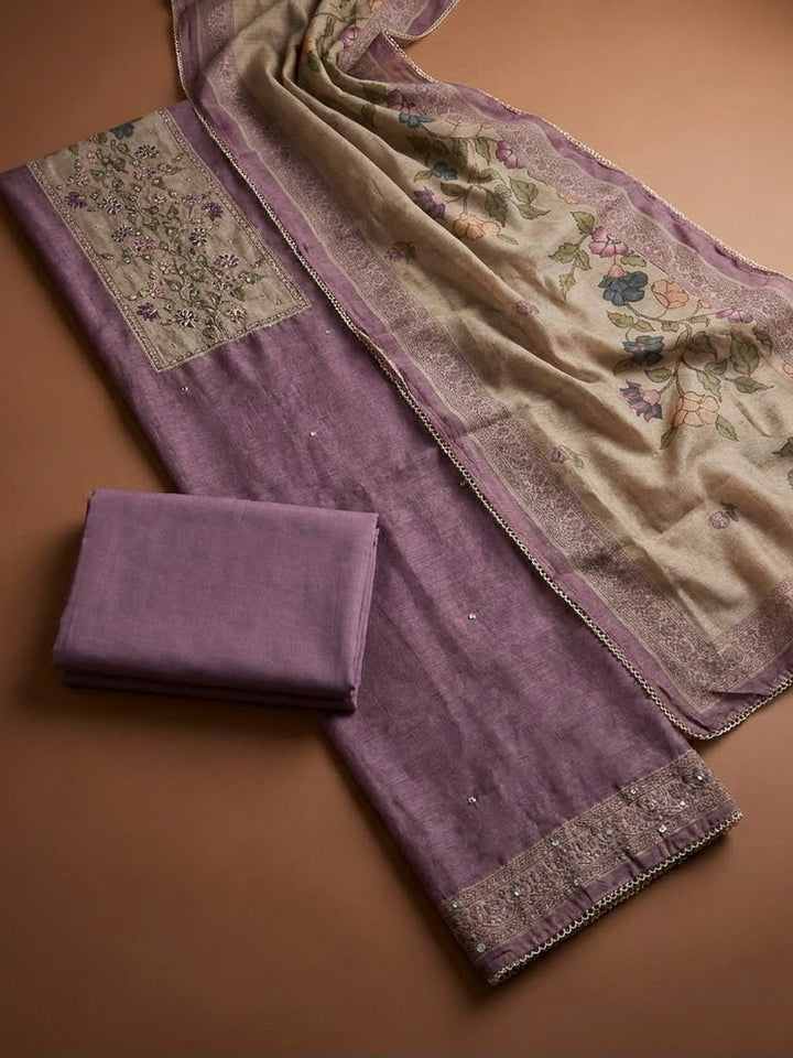 Purple Chanderi Printed Unstitched Dress Material