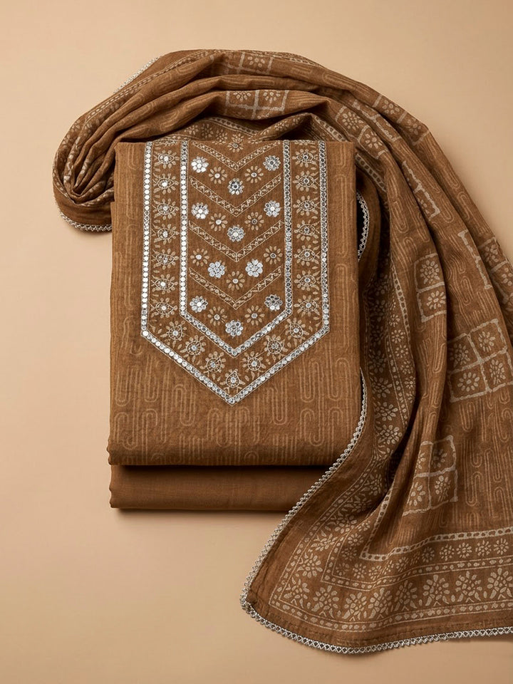 Beige Chanderi Embroidered Unstitched Dress Material