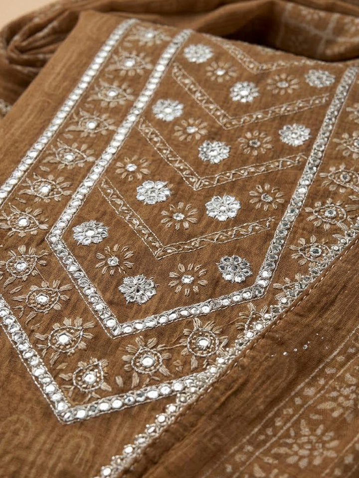 Beige Chanderi Embroidered Unstitched Dress Material