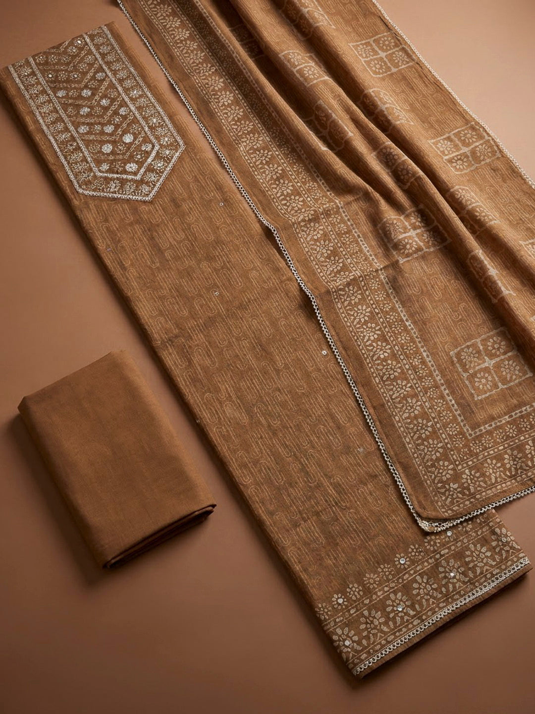 Beige Chanderi Embroidered Unstitched Dress Material