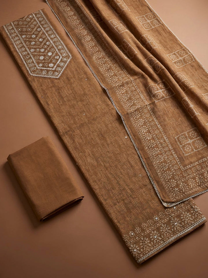 Beige Chanderi Embroidered Unstitched Dress Material