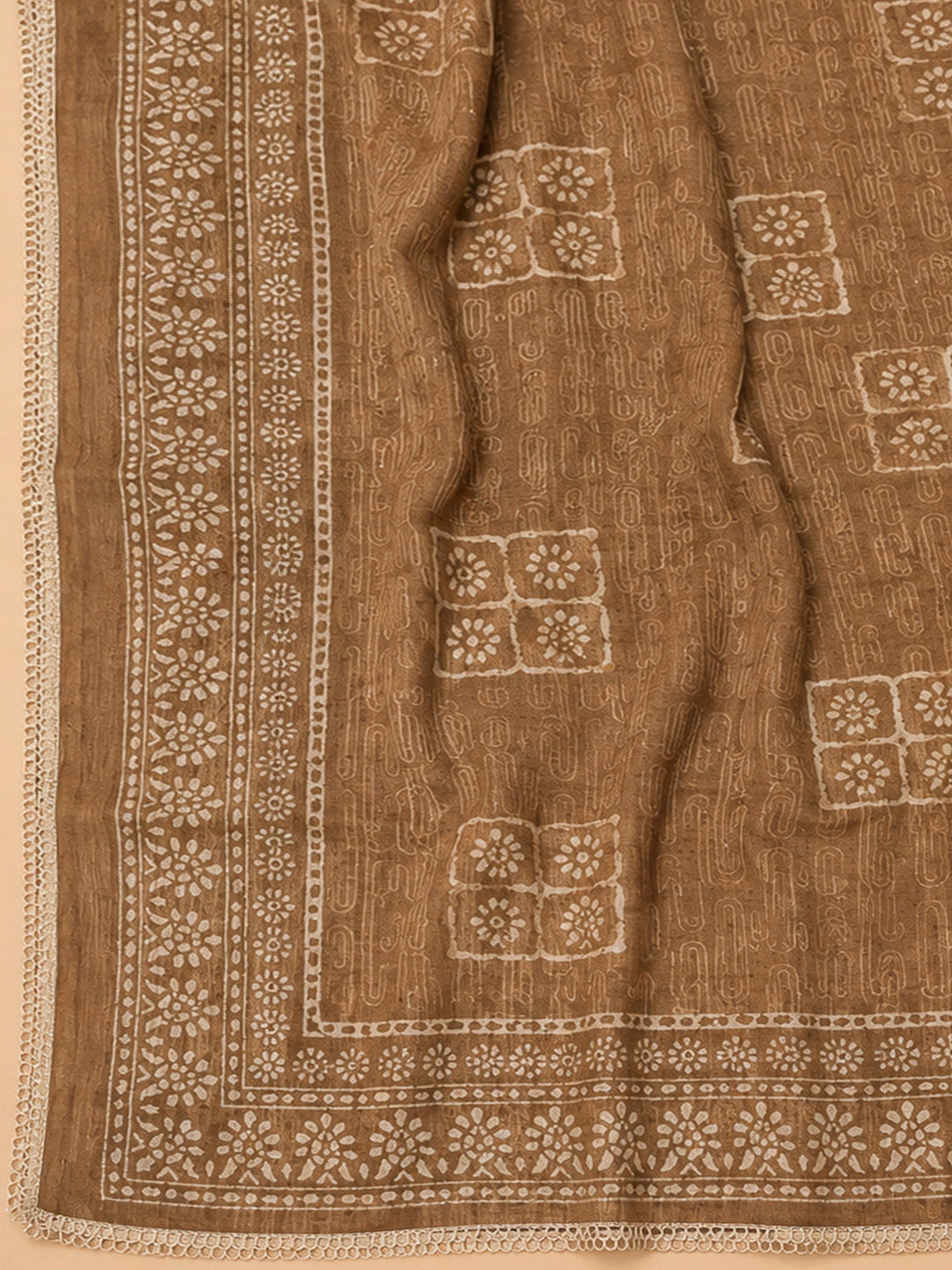 Beige Chanderi Embroidered Unstitched Dress Material