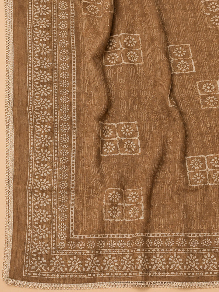 Beige Chanderi Embroidered Unstitched Dress Material