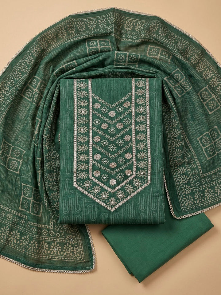 Green Chanderi Embroidered Unstitched Dress Material