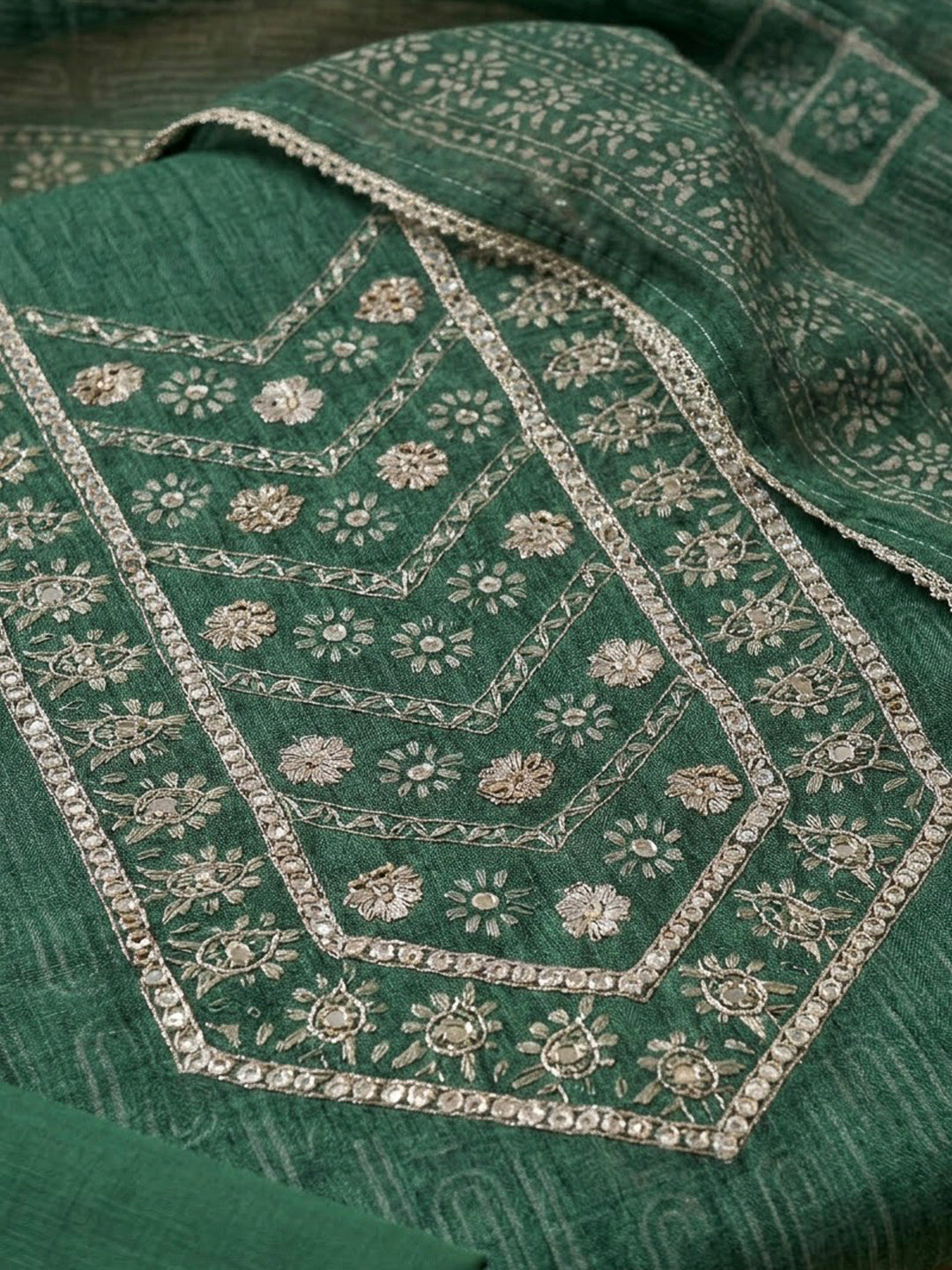 Green Chanderi Embroidered Unstitched Dress Material