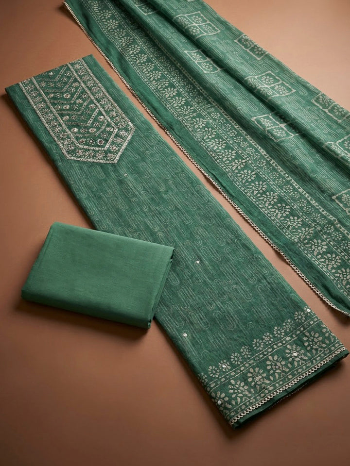 Green Chanderi Embroidered Unstitched Dress Material