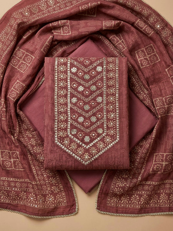 Onion Pink Chanderi Embroidered Unstitched Dress Material