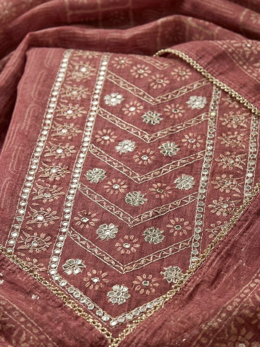 Onion Pink Chanderi Embroidered Unstitched Dress Material