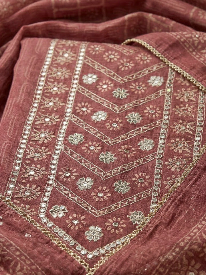 Onion Pink Chanderi Embroidered Unstitched Dress Material