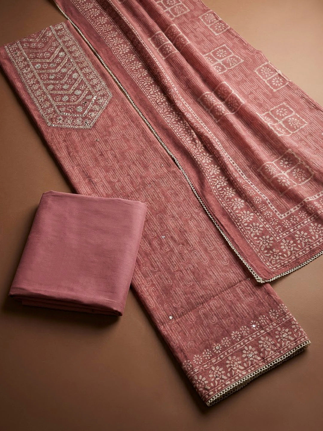 Onion Pink Chanderi Embroidered Unstitched Dress Material