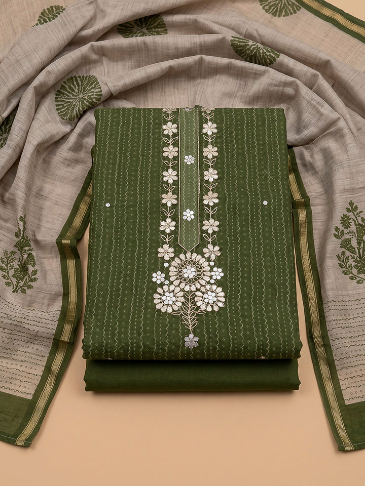 Bottle Green Chanderi Embroidered Unstitched Dress Material