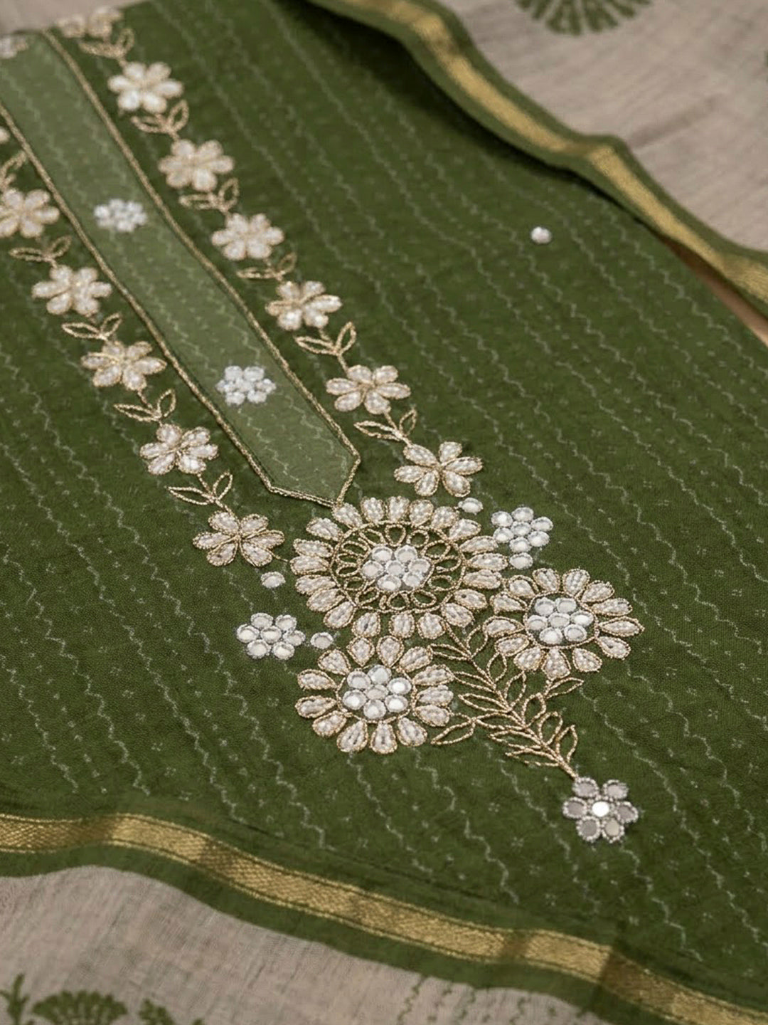 Bottle Green Chanderi Embroidered Unstitched Dress Material