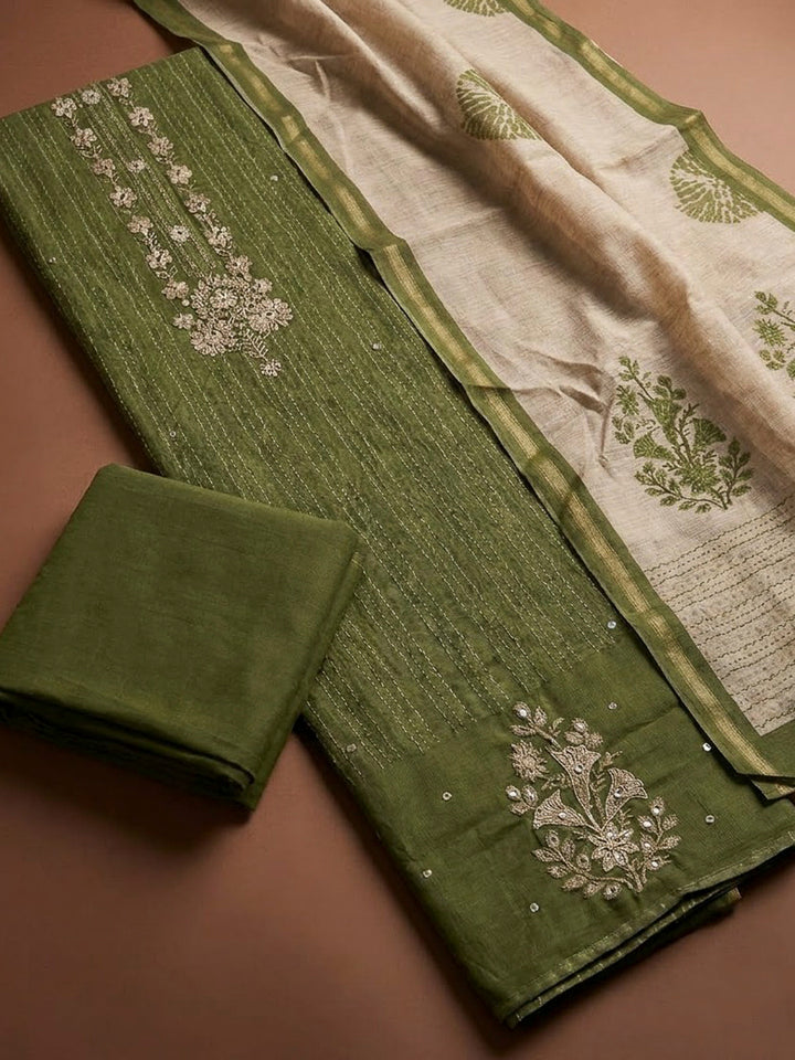 Bottle Green Chanderi Embroidered Unstitched Dress Material