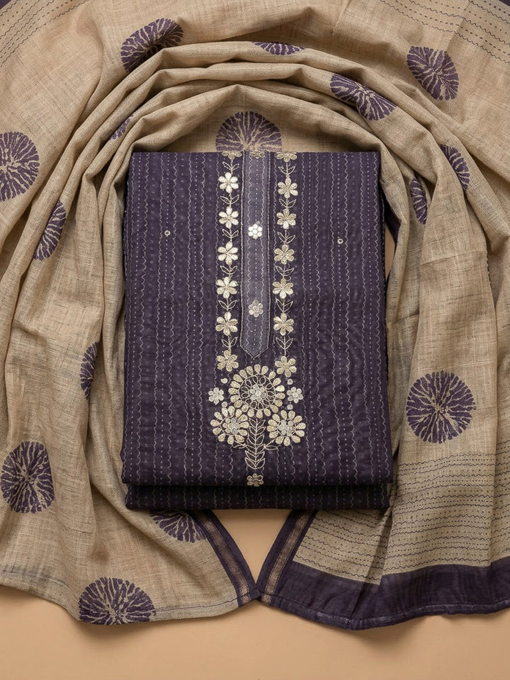 Purple Chanderi Embroidered Unstitched Dress Material