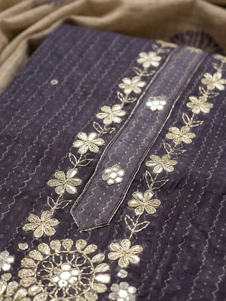 Purple Chanderi Embroidered Unstitched Dress Material
