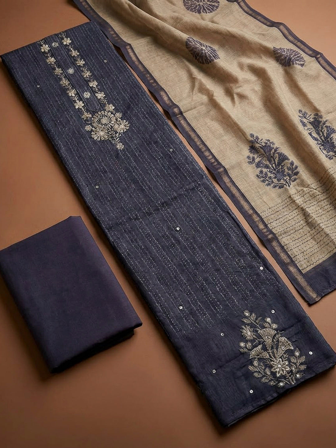 Purple Chanderi Embroidered Unstitched Dress Material