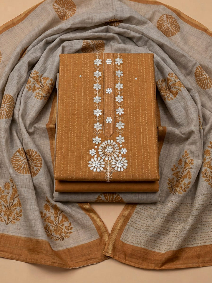 Rust Chanderi Embroidered Unstitched Dress Material
