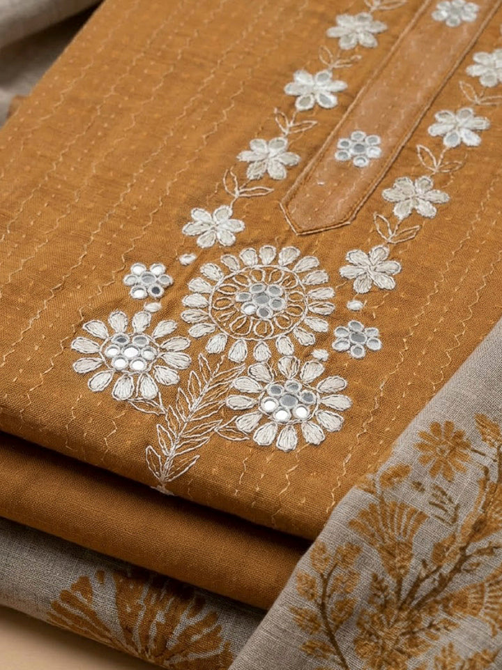 Rust Chanderi Embroidered Unstitched Dress Material