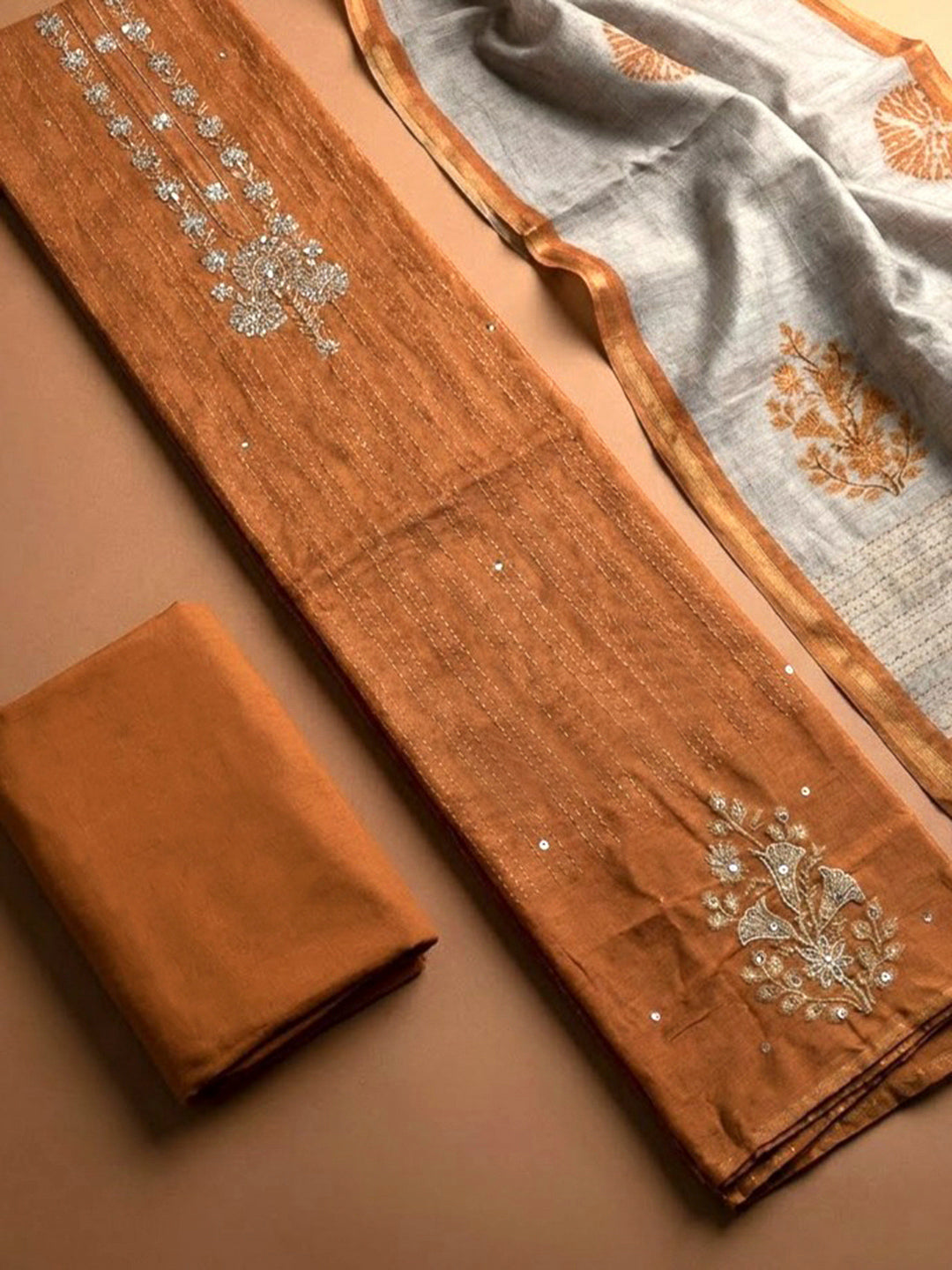 Rust Chanderi Embroidered Unstitched Dress Material