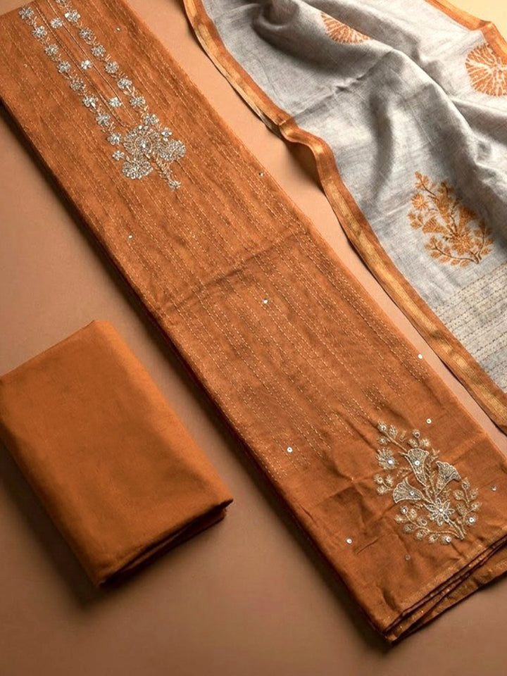 Rust Chanderi Embroidered Unstitched Dress Material
