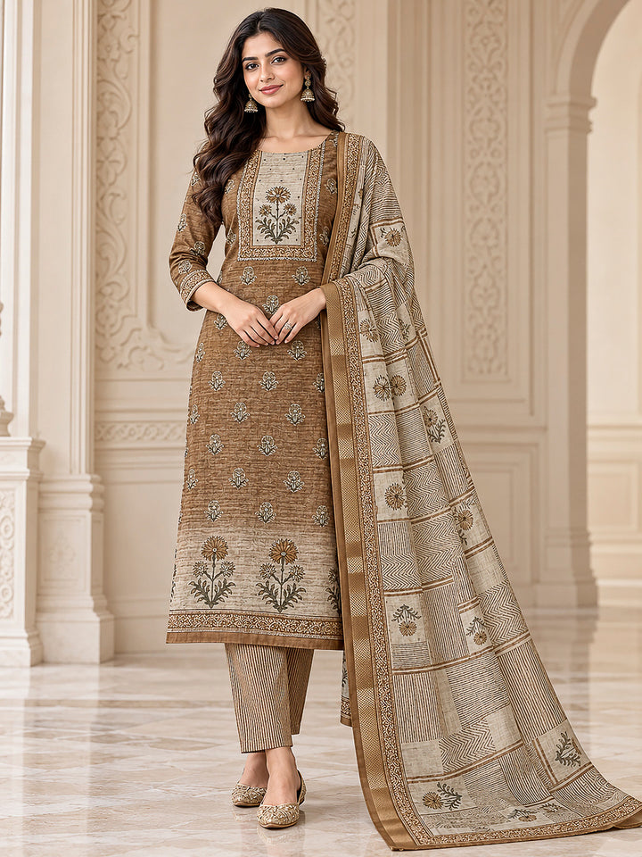 Beige Chanderi Embroidered Unstitched Dress Material