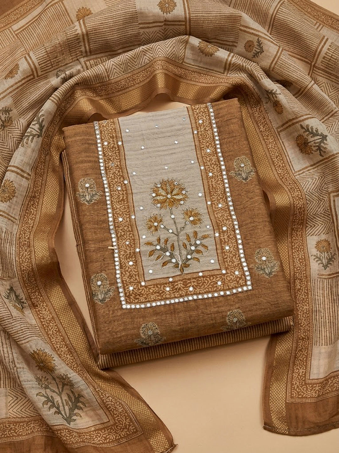 Beige Chanderi Embroidered Unstitched Dress Material