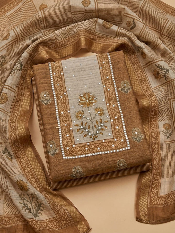 Beige Chanderi Embroidered Unstitched Dress Material