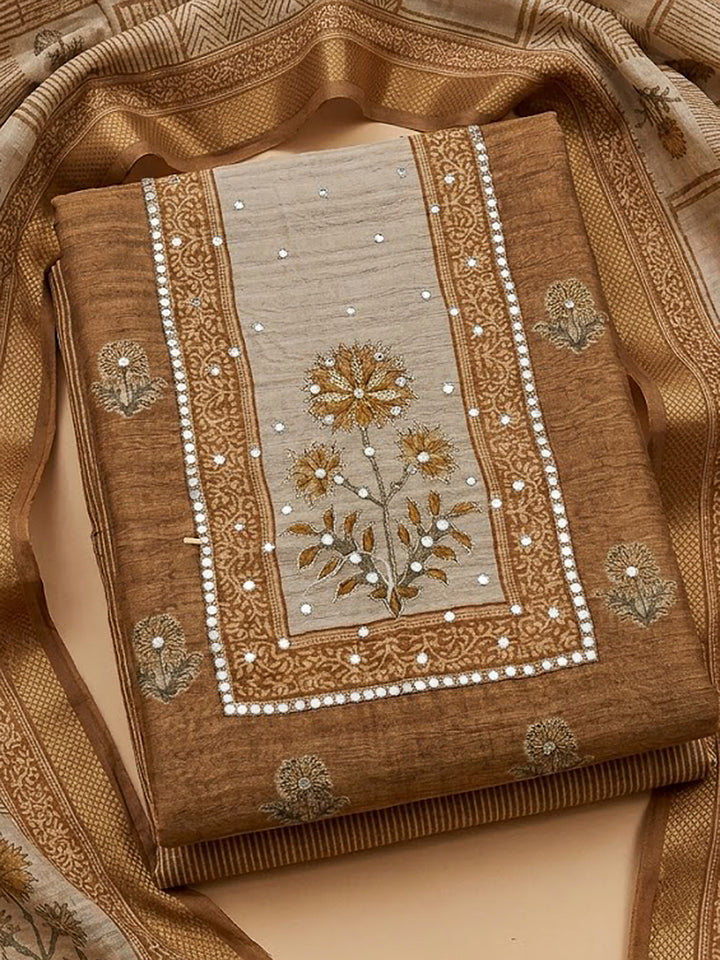 Beige Chanderi Embroidered Unstitched Dress Material