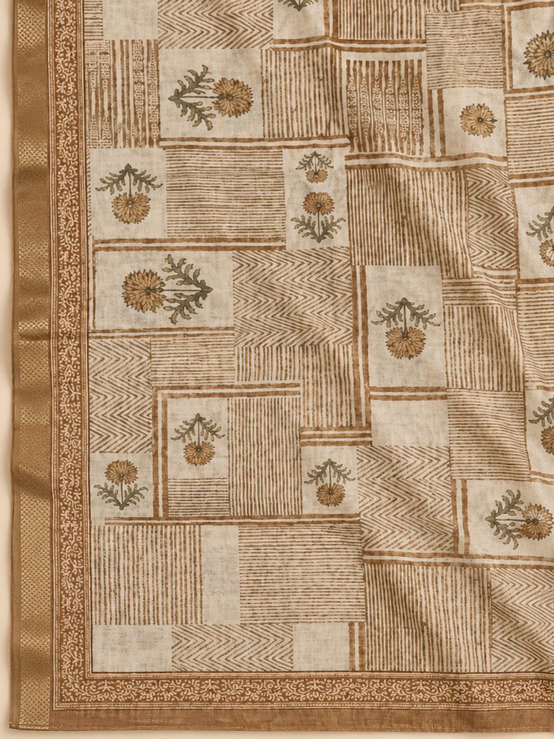 Beige Chanderi Embroidered Unstitched Dress Material