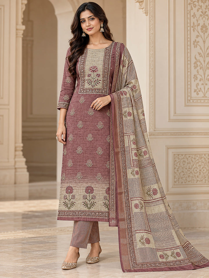 Onion Pink Chanderi Embroidered Unstitched Dress Material