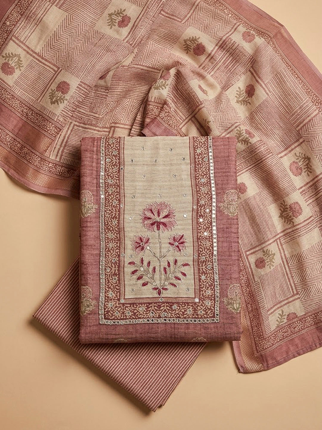 Onion Pink Chanderi Embroidered Unstitched Dress Material
