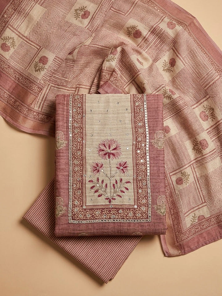 Onion Pink Chanderi Embroidered Unstitched Dress Material