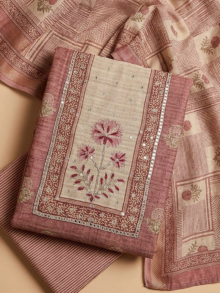 Onion Pink Chanderi Embroidered Unstitched Dress Material
