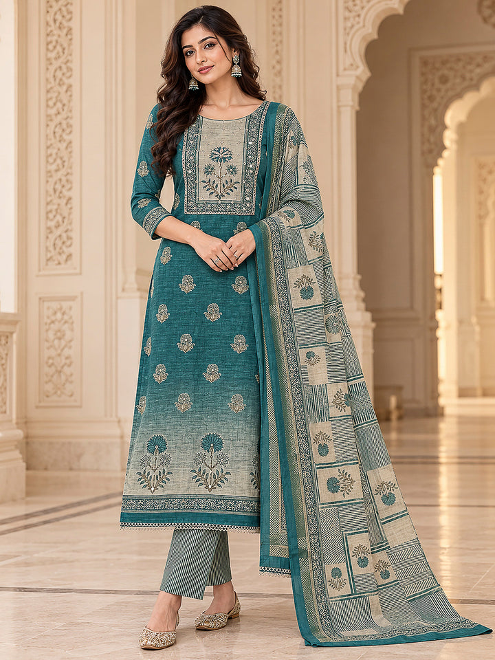 Rama Green Chanderi Embroidered Unstitched Dress Material
