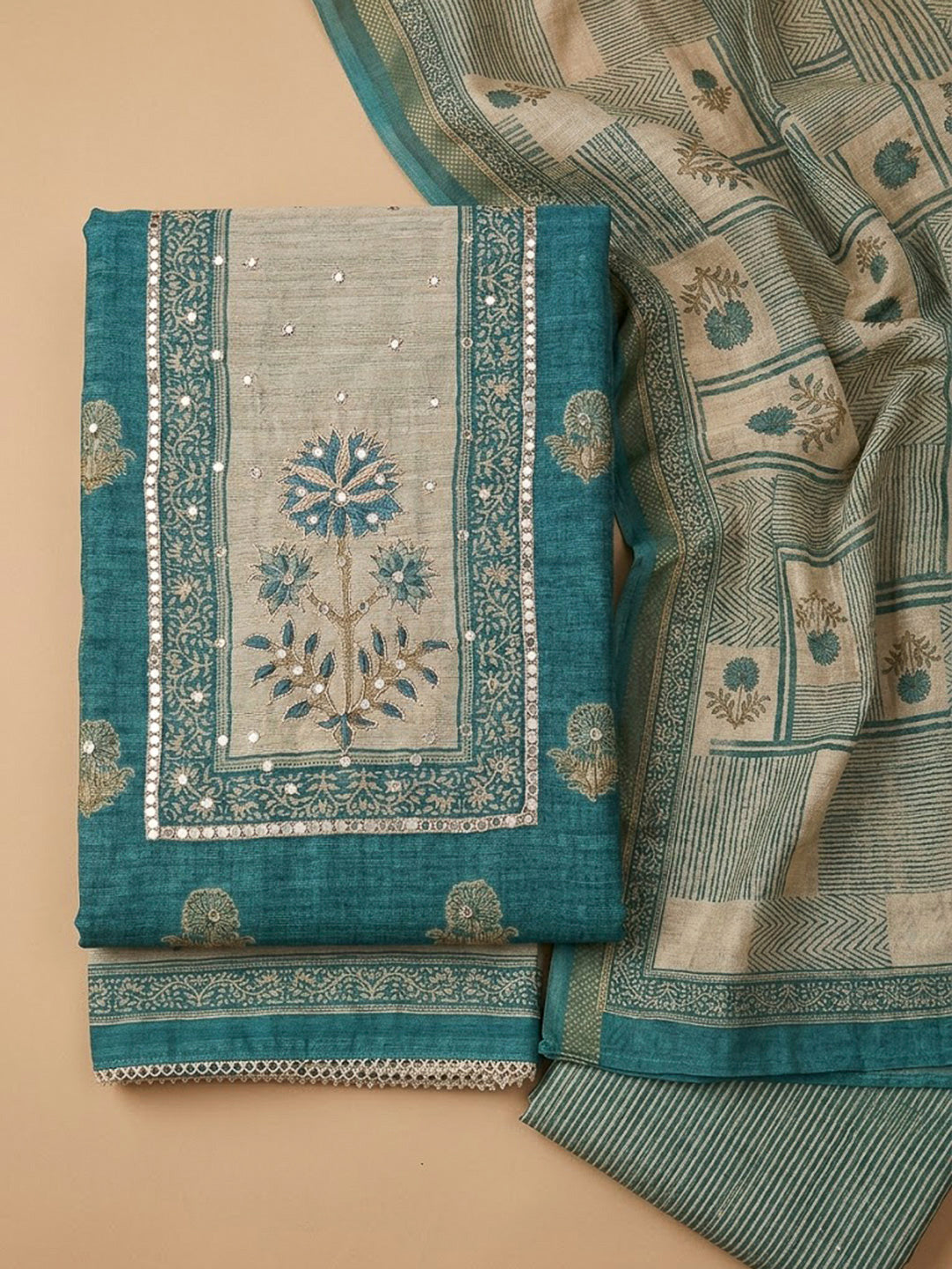 Rama Green Chanderi Embroidered Unstitched Dress Material