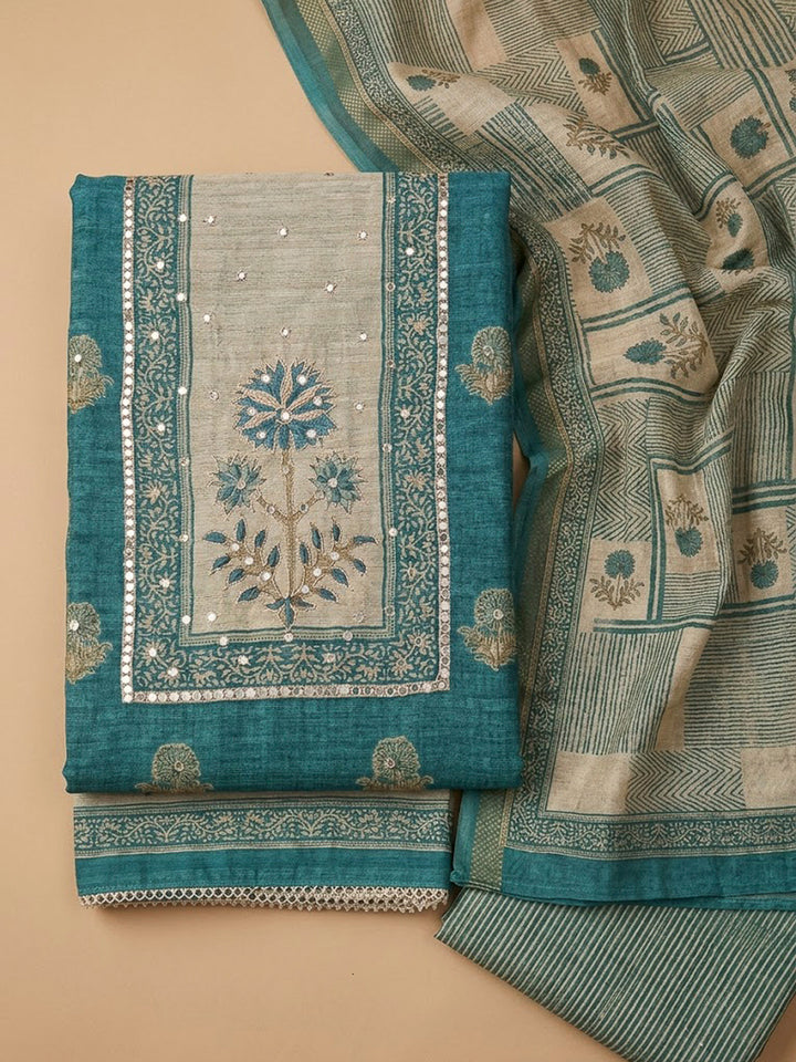 Rama Green Chanderi Embroidered Unstitched Dress Material